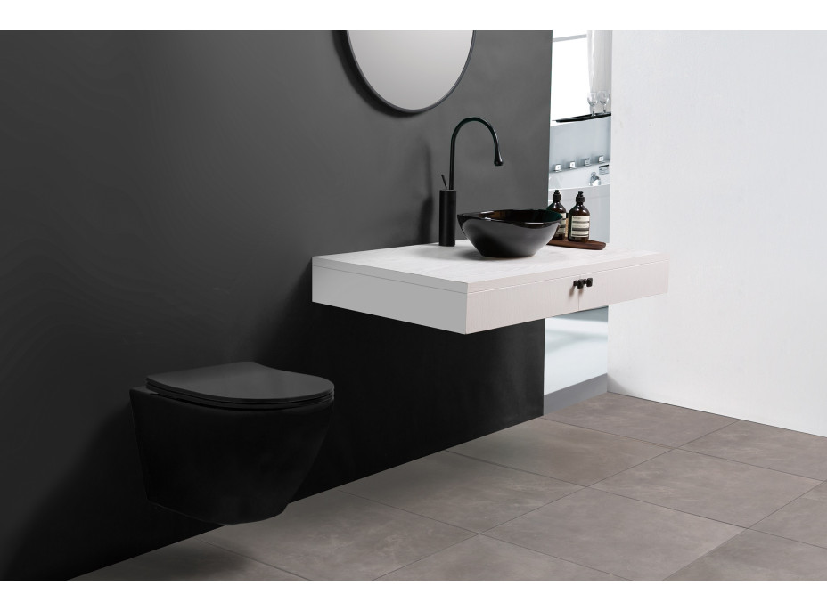 Závesné WC MAXMAX Rea Carlo mini RIMLESS + Duroplast sedátko flat - čierne matné
