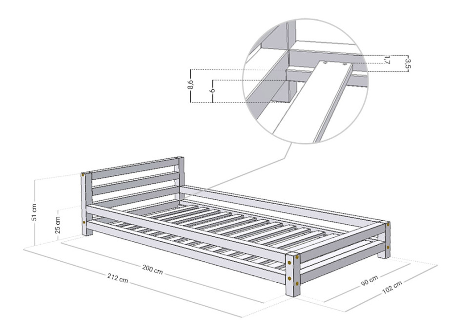 Dizajnová posteľ z masívu 200x90 cm SINGLE bez šuplíku