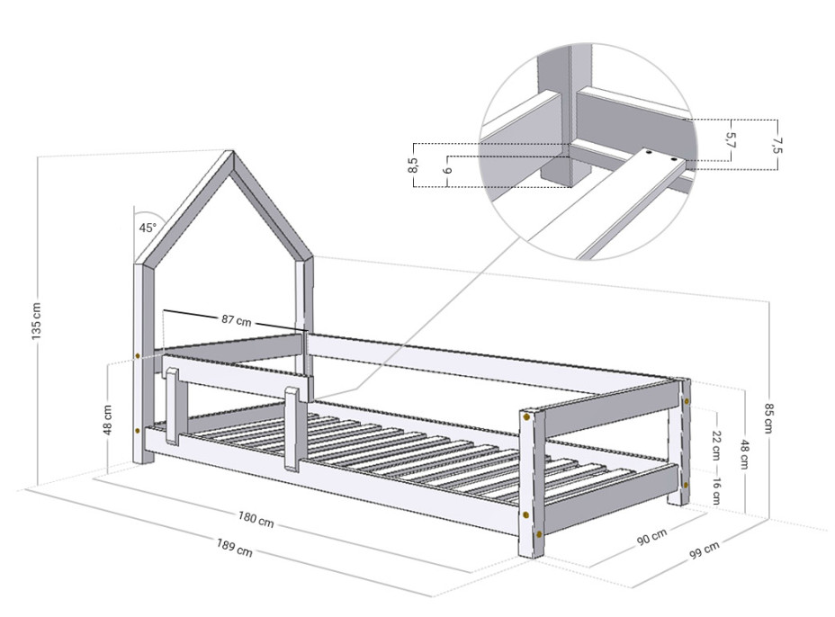 Detská Domčekové posteľ z masívu 180x90 cm Poppy sa zábranami