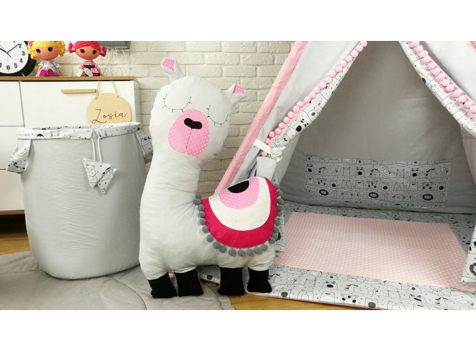 Detský stan TEEPEE (TÍPÍ) LUXURY s doplnkami - LAMA A KAMARÁTI - šedo / ružový