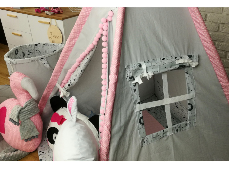 Detský stan TEEPEE (TÍPÍ) LUXURY s doplnkami - LAMA A KAMARÁTI - šedo / ružový