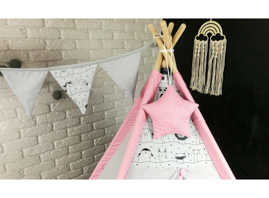 Detský stan TEEPEE (TÍPÍ) LUXURY s doplnkami - LAMA A KAMARÁTI - šedo / ružový