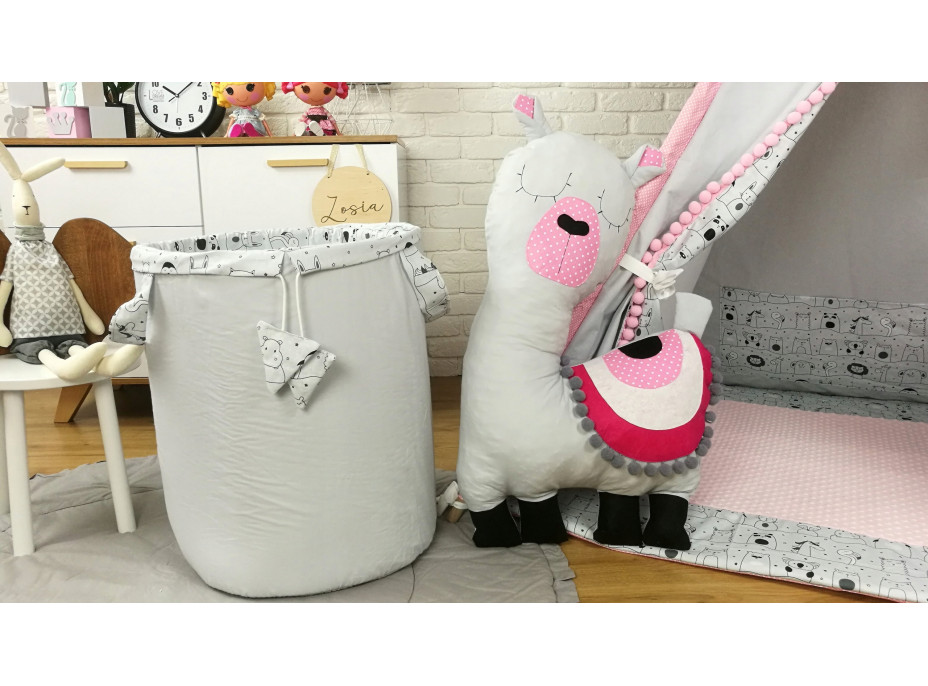 Detský stan TEEPEE (TÍPÍ) LUXURY s doplnkami - LAMA A KAMARÁTI - šedo / ružový