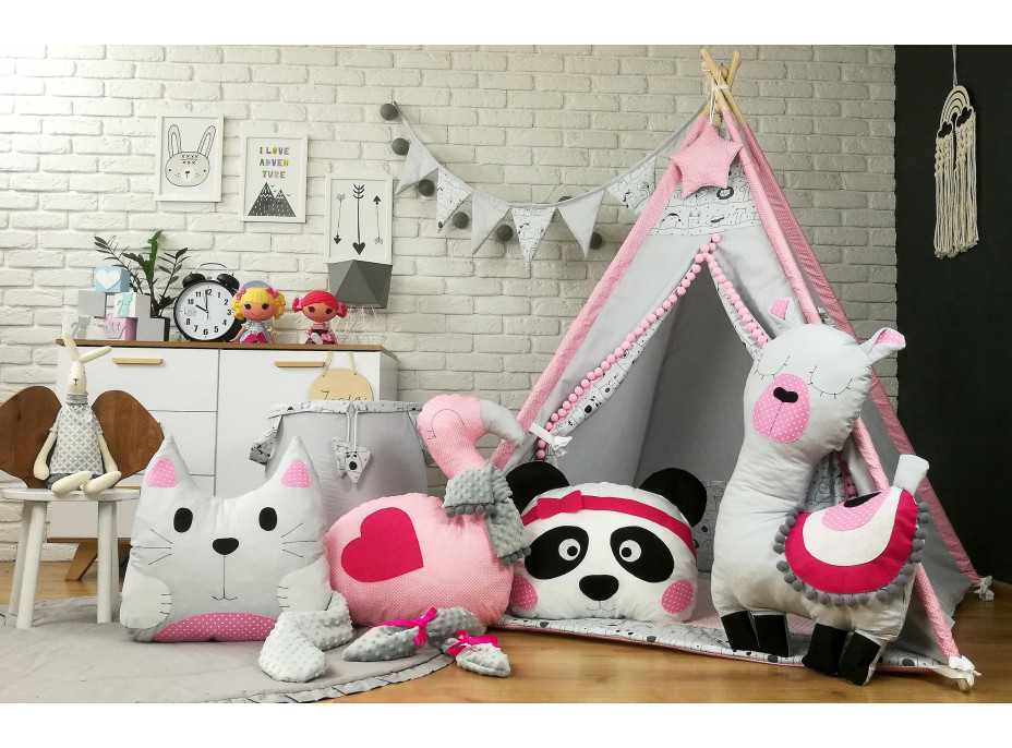 Detský stan TEEPEE (TÍPÍ) LUXURY s doplnkami - LAMA A KAMARÁTI - šedo / ružový