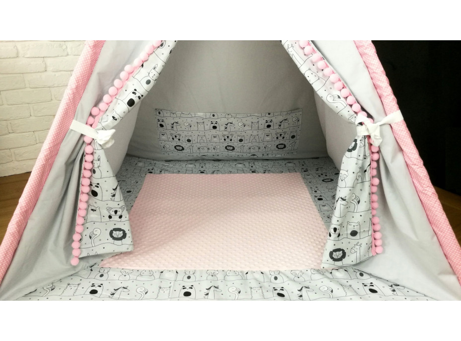 Detský stan TEEPEE (TÍPÍ) LUXURY s doplnkami - LAMA A KAMARÁTI - šedo / ružový