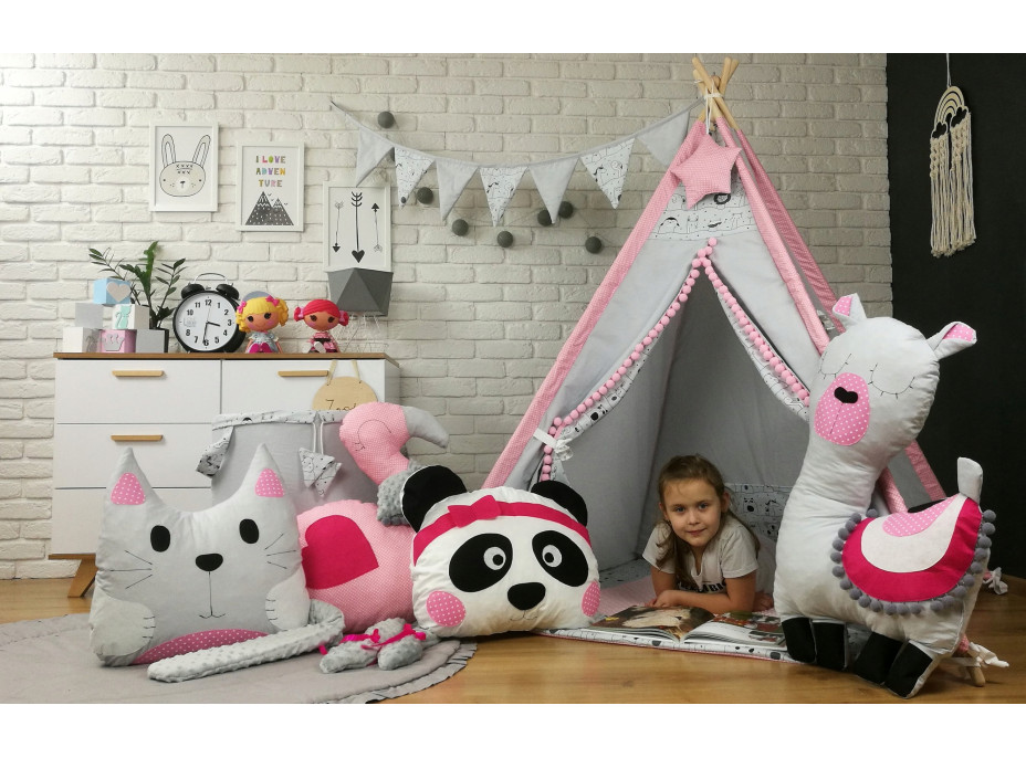 Detský stan TEEPEE (TÍPÍ) LUXURY s doplnkami - LAMA A KAMARÁTI - šedo / ružový