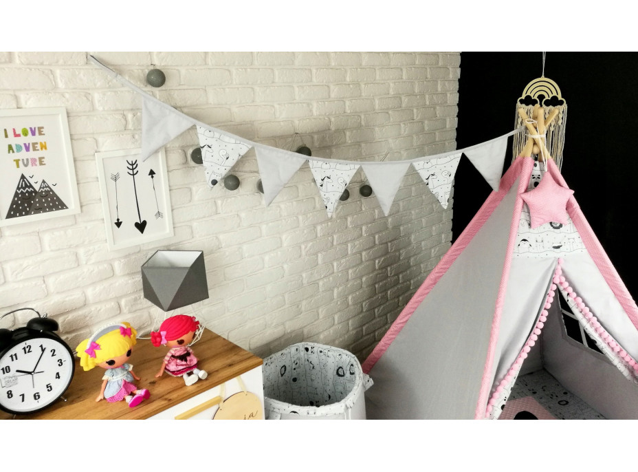 Detský stan TEEPEE (TÍPÍ) LUXURY s doplnkami - LAMA A KAMARÁTI - šedo / ružový