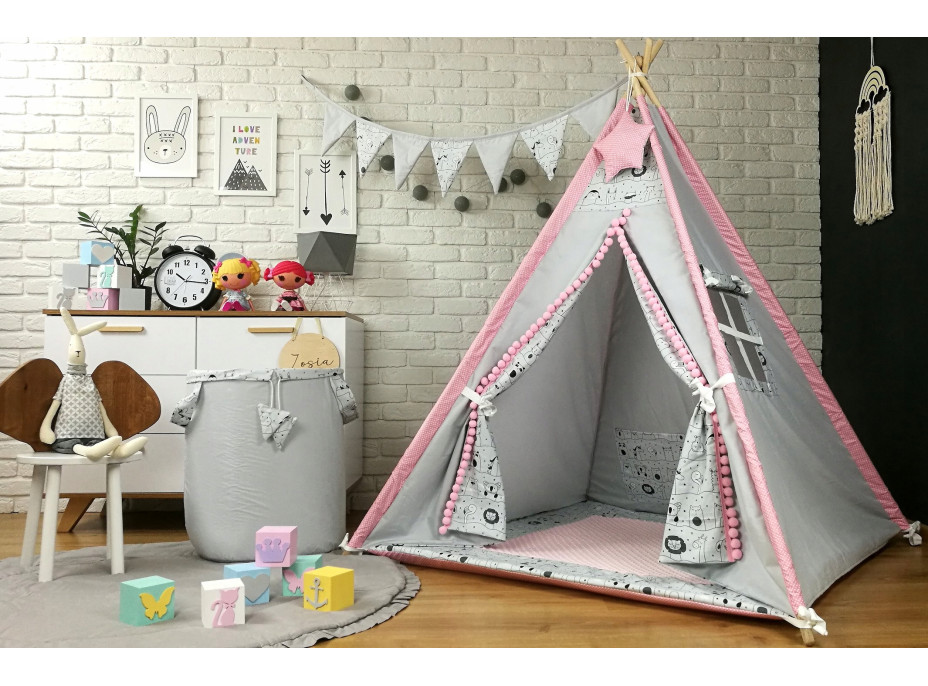 Detský stan TEEPEE (TÍPÍ) LUXURY s doplnkami - LAMA A KAMARÁTI - šedo / ružový