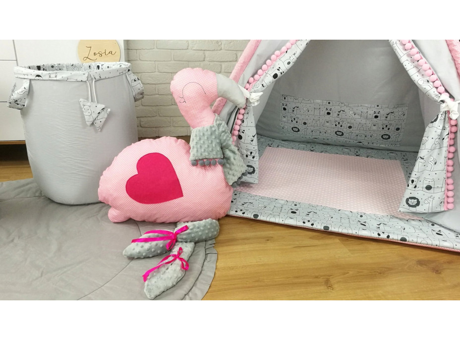 Detský stan TEEPEE (TÍPÍ) LUXURY s doplnkami - LAMA A KAMARÁTI - šedo / ružový