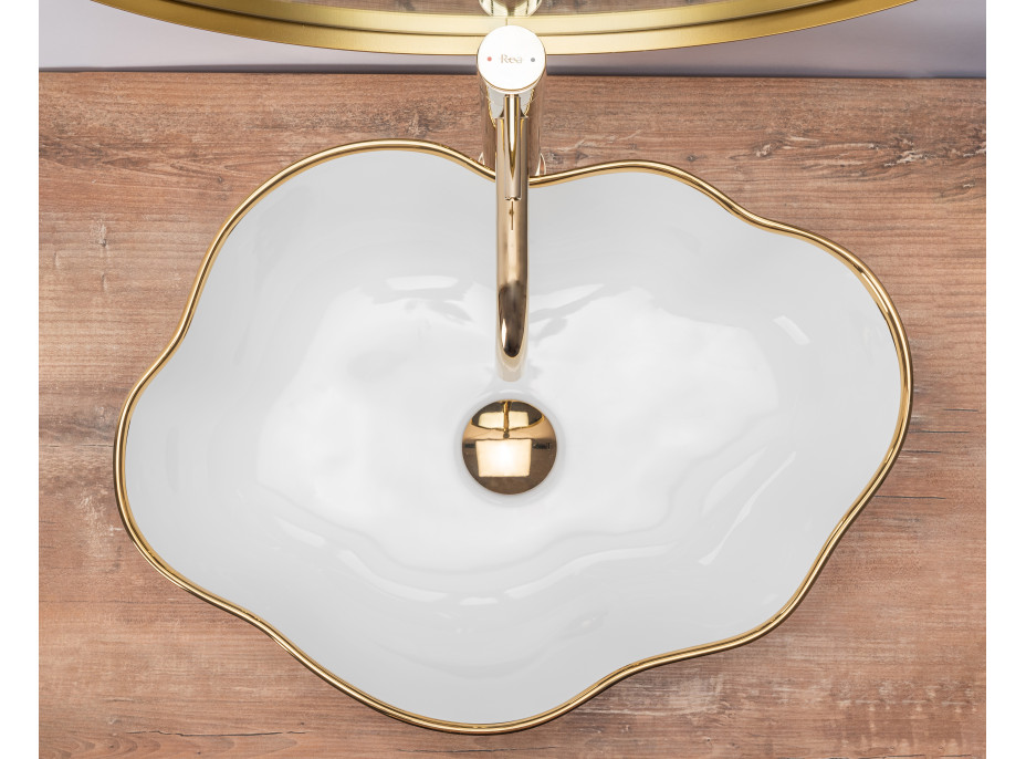 Keramické umývadlo MAXMAX Rea PEARL - asymetrický tvar mráčika - biele so zlatým okrajom