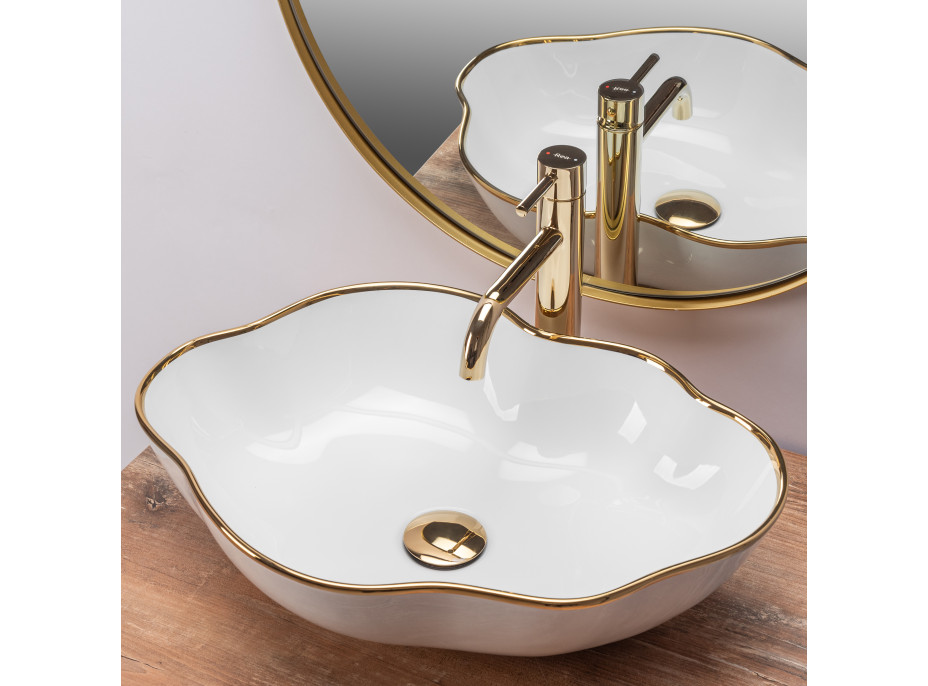 Keramické umývadlo MAXMAX Rea PEARL - asymetrický tvar mráčika - biele so zlatým okrajom