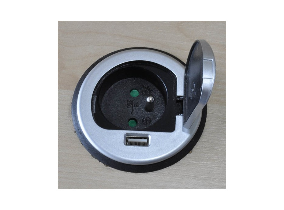 Vstavaná zásuvka do dosky s krytkou - 1 zásuvka + USB - strieborná