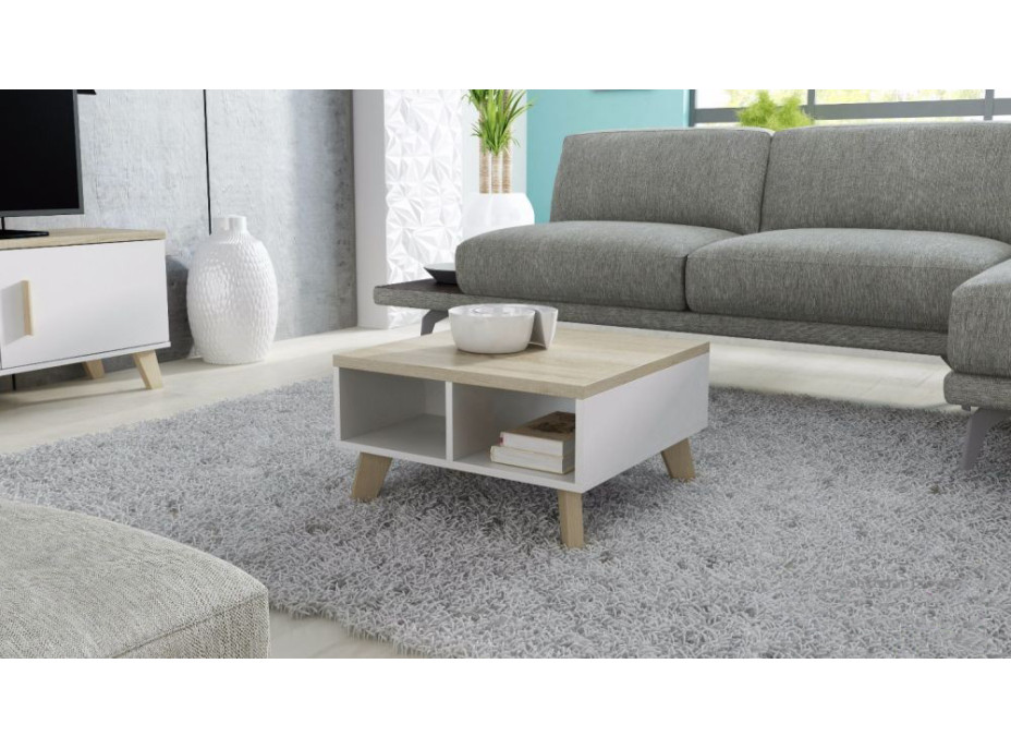Konferenčný stolík LEILA - 60x60x35 cm - biely / dub sonoma