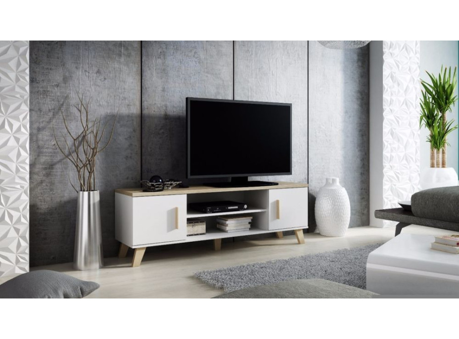 Televízny stolík LEILA - 160x40x53 cm - biely / dub sonoma