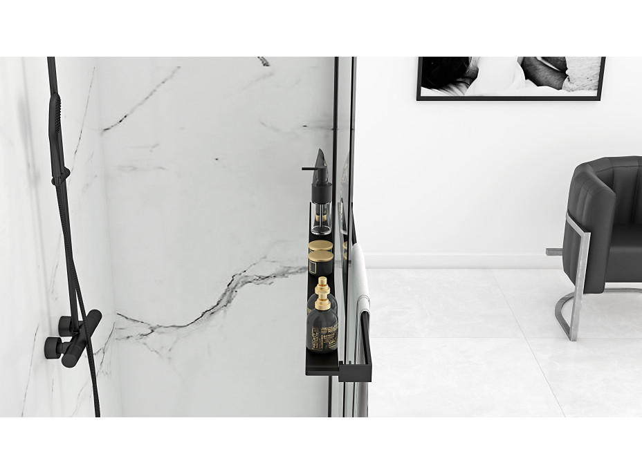 Kúpeľňová pevná zástena MAXMAX Rea AERO 110 cm s policou a vešiakom na uteráky - čierna matná - číre sklo