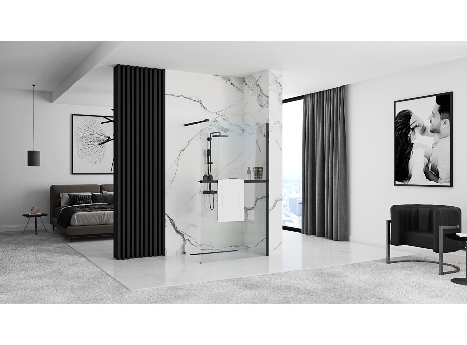 Kúpeľňová pevná zástena MAXMAX Rea AERO 120 cm s policou a vešiakom na uteráky - čierna matná - číre sklo