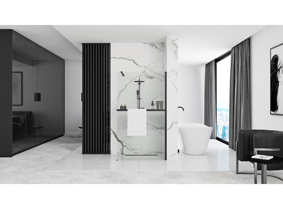 Kúpeľňová pevná zástena MAXMAX Rea AERO 120 cm s policou a vešiakom na uteráky - čierna matná - číre sklo