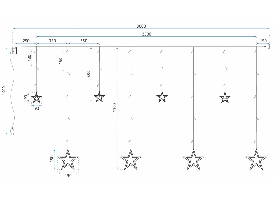 Vianočná svietiace reťaz - hviezdy - 92 LED - 250x110 cm