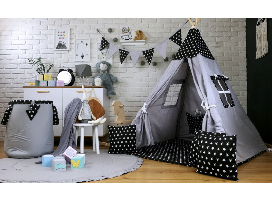 Detský stan TEEPEE (TÍPÍ) HVIEZDIČKY s doplnkami - šedočierny