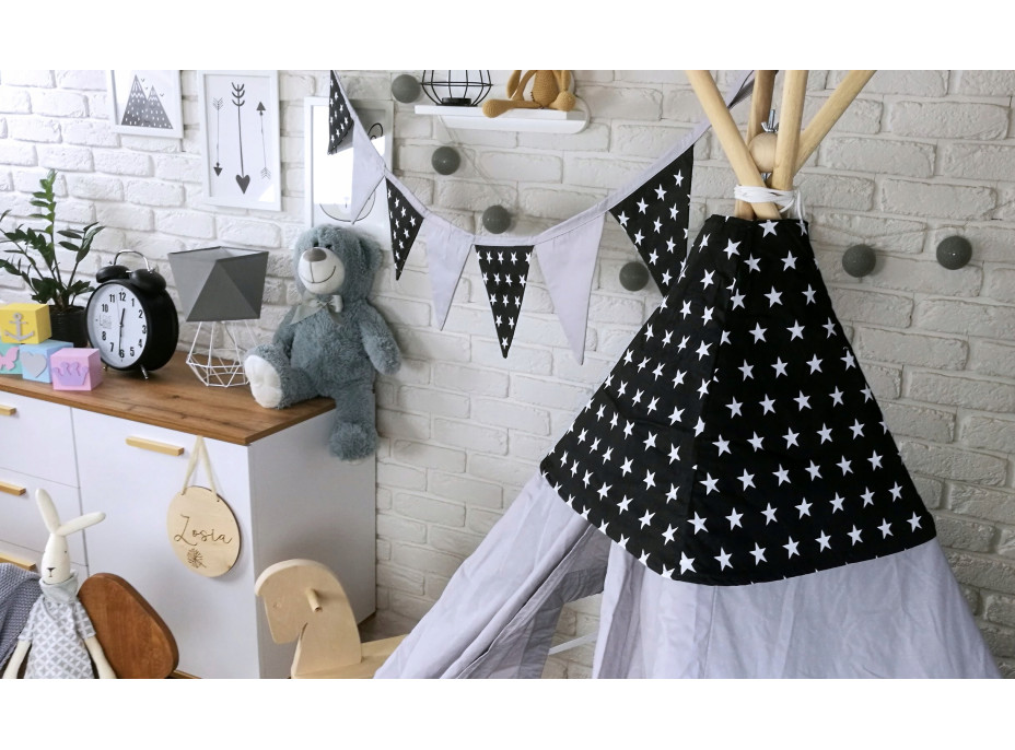 Detský stan TEEPEE (TÍPÍ) HVIEZDIČKY s doplnkami - šedočierny