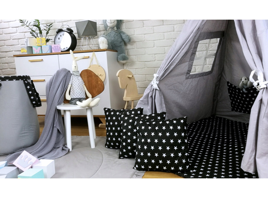 Detský stan TEEPEE (TÍPÍ) HVIEZDIČKY s doplnkami - šedočierny