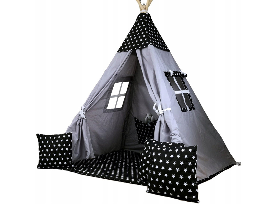 Detský stan TEEPEE (TÍPÍ) HVIEZDIČKY s doplnkami - šedočierny