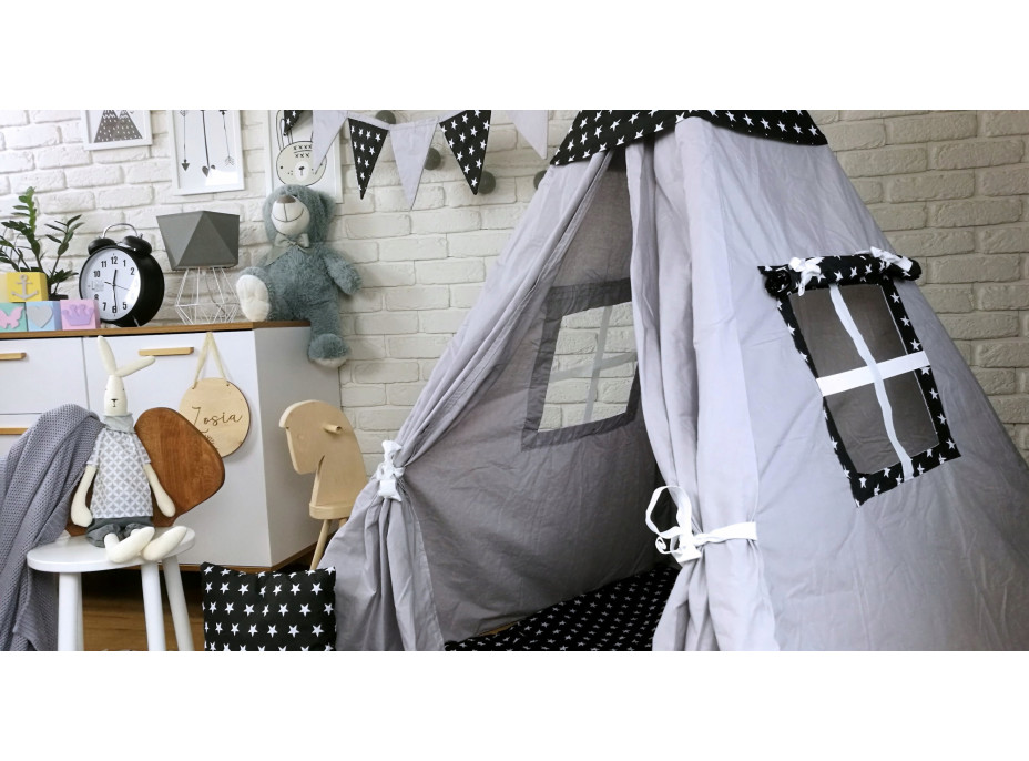 Detský stan TEEPEE (TÍPÍ) HVIEZDIČKY s doplnkami - šedočierny