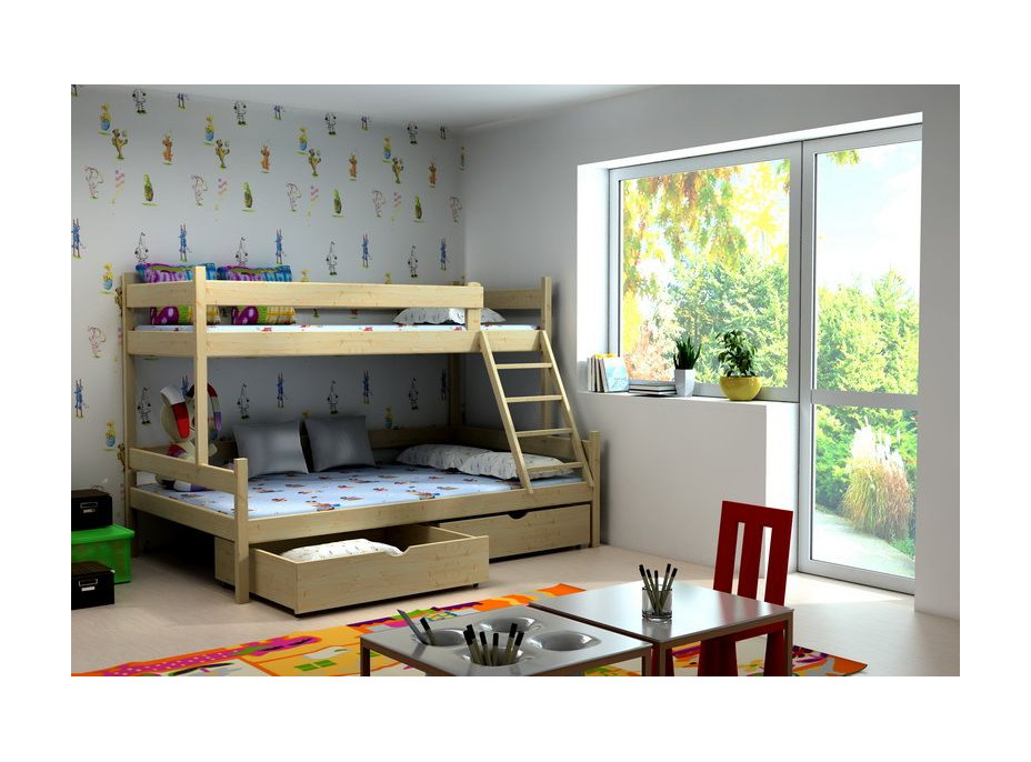 Detská poschodová posteľ s rozšíreným spodným lôžkom z MASÍVU 200x90cm so zásuvkou - PPS002