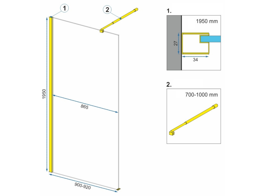 Kúpeľňová pevná zástena MAXMAX Rea AERO 90 cm - zlatá - číre sklo