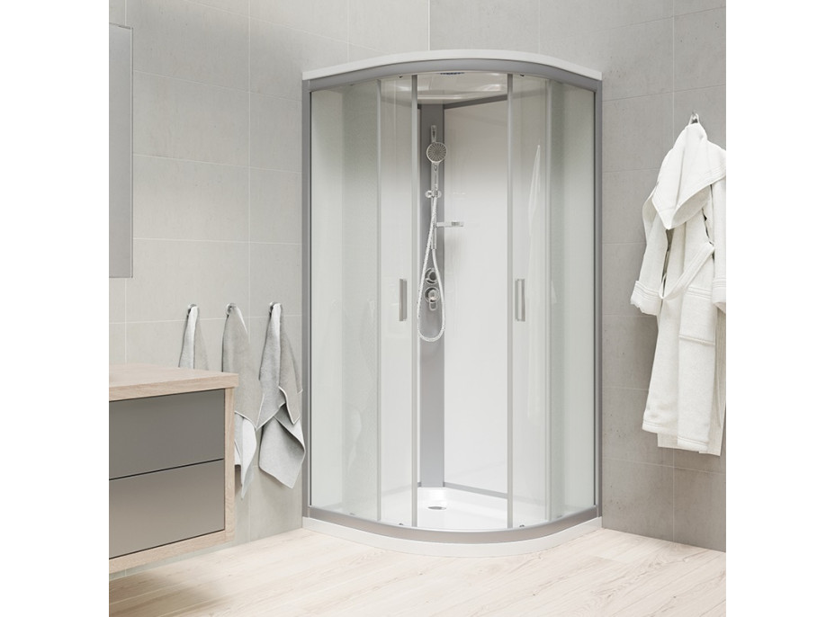Sprchový box, štvrťkruh, 80 cm, satin ALU, sklo Point, zadné steny biele, liata vanička, so strieškou