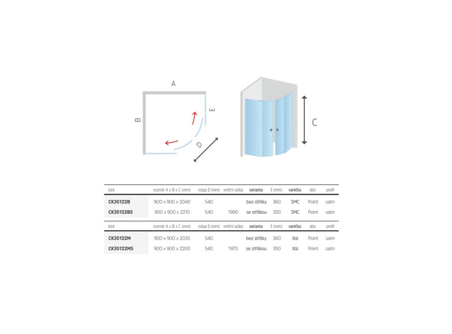 Sprchový box, štvrťkruh, 80 cm, satin ALU, sklo Point, zadné steny biele, liata vanička, so strieškou