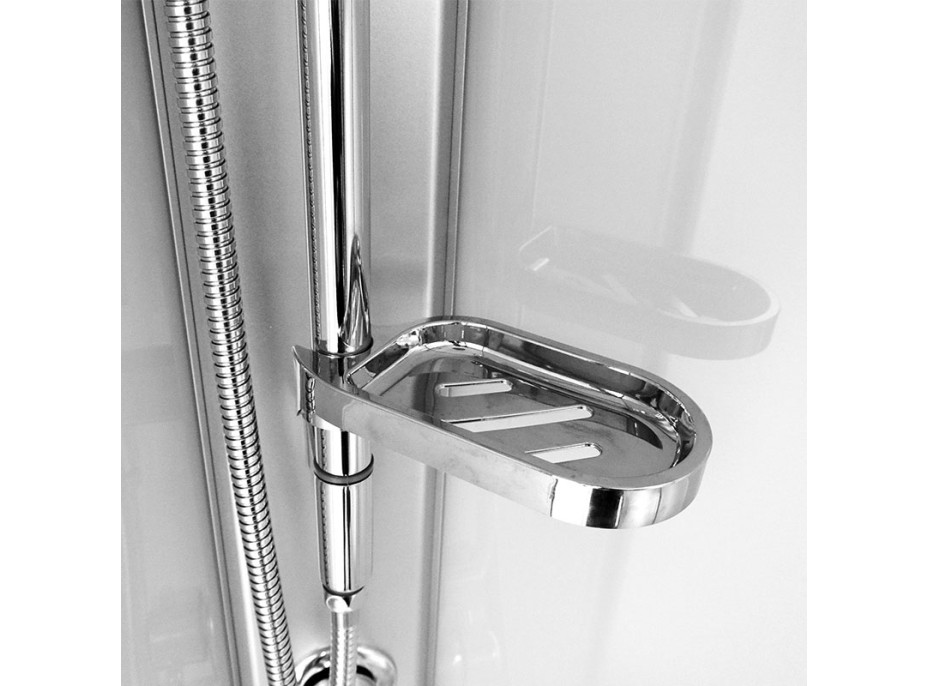 Sprchový box, štvrťkruh, 80 cm, satin ALU, sklo Point, zadné steny biele, liata vanička, so strieškou