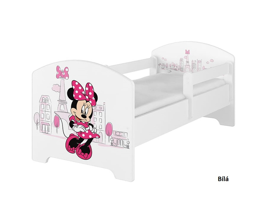 NA SKLADE: Detská posteľ Disney so šuplíkom - MYŠKA MINNIE PARIS 140x70 cm - nórska borovica + 1 dlhá a 1 krátka bariérka