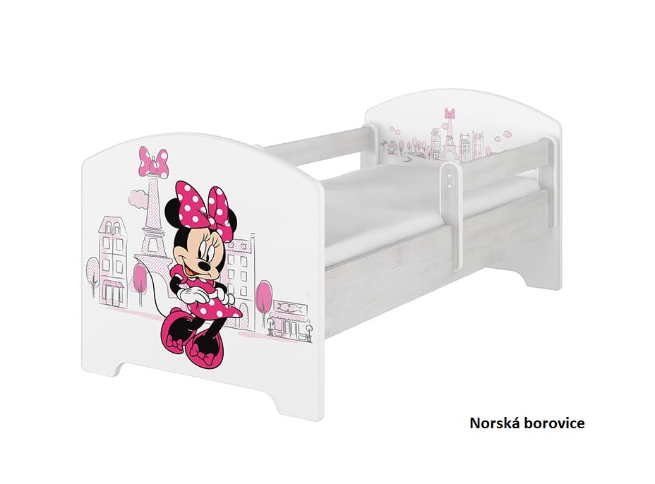 NA SKLADE: Detská posteľ Disney so šuplíkom - MYŠKA MINNIE PARIS 140x70 cm - nórska borovica + 1 dlhá a 1 krátka bariérka