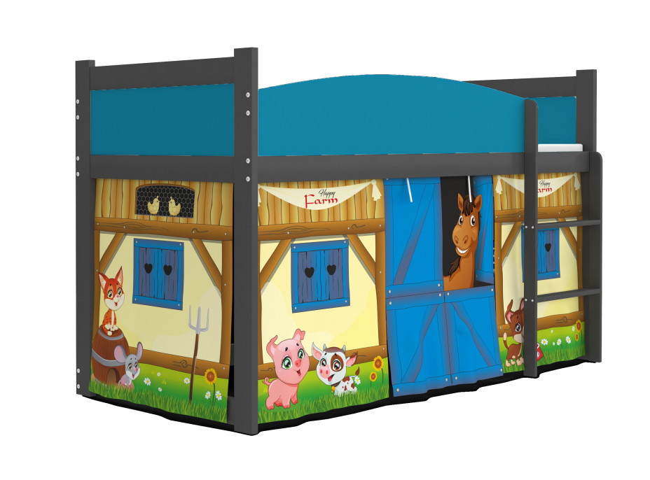 SKLADOM: Vyvýšená detská posteľ TWISTER 184x80 cm - Farma - sivá / modrá + matrac