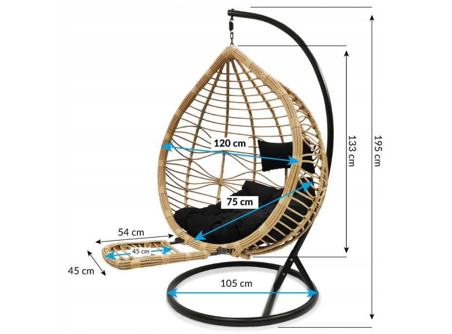 Závesné hojdacie kreslo RIO s podnožkou - farba prírodného ratanu / čierne - vel. XXL