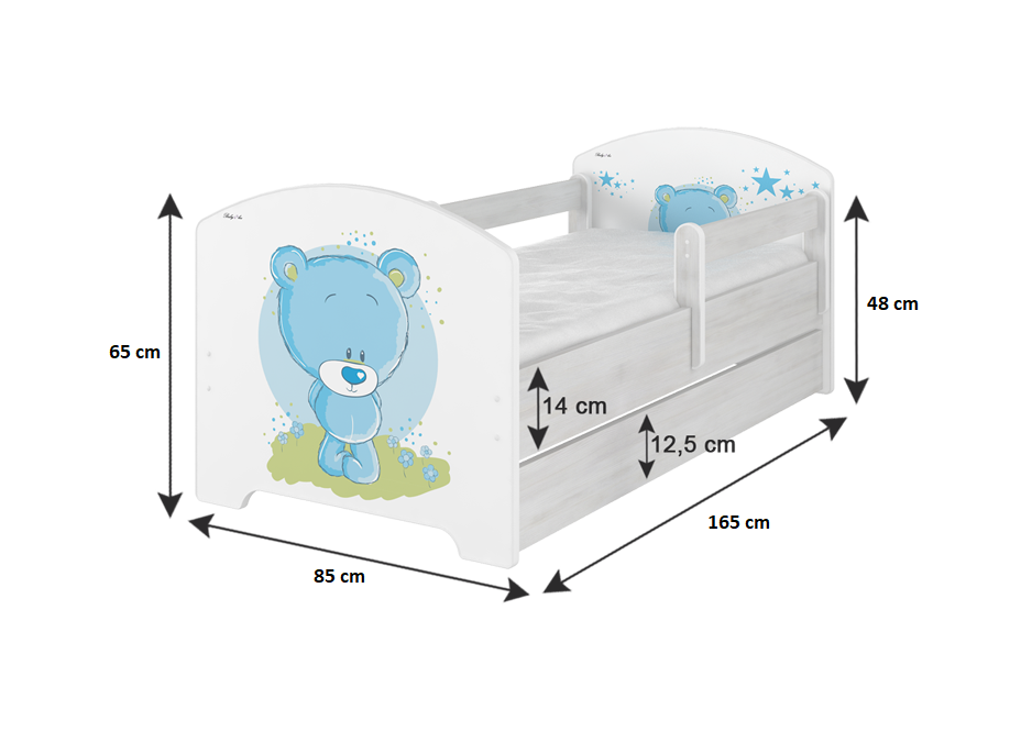 SKLADOM: Detská posteľ s výrezom so zásuvkou MAČIČKA - modrá 160x80 cm + 1 dlhá a 1 krátka bariérky