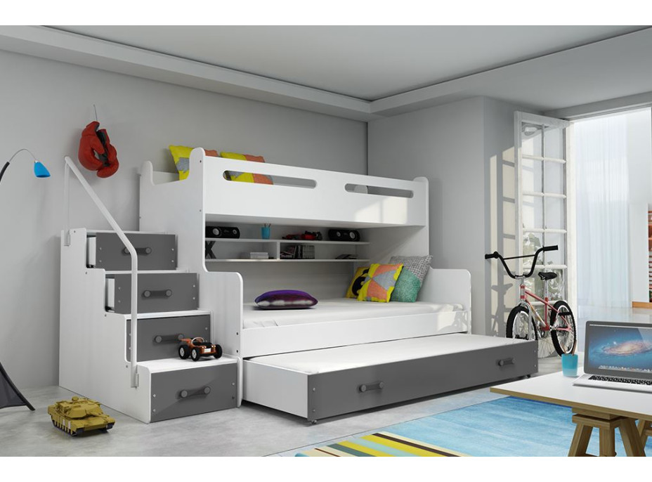 Detská poschodová posteľ s rozšíreným spodným lôžkom a prístelkou MAXÍK 3 bielo-šedá - 200x120 cm