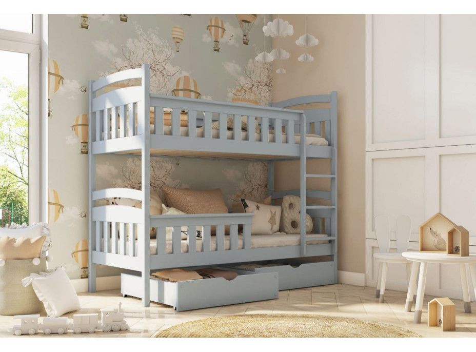 Detská poschodová posteľ z masívu borovice HENRY so zásuvkami 200x90 cm - svetlo šedá