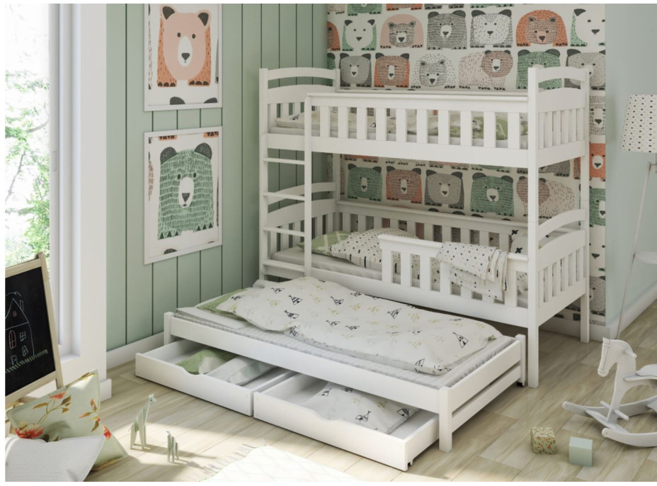Detská poschodová posteľ z masívu borovice Hermionu s prístelkou a šuplíky - 200x90 cm - biela