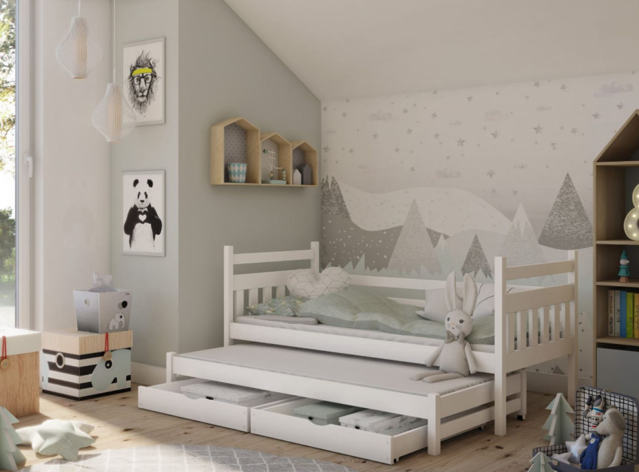 Detská posteľ z masívu borovice DAN s prístelkou a šuplíky - 200x90 cm - prírodná