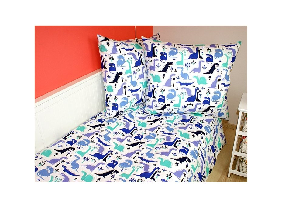 Detské bavlnené obliečky DINOSAURI - biele / modré - 140x200 cm + 70x90 cm