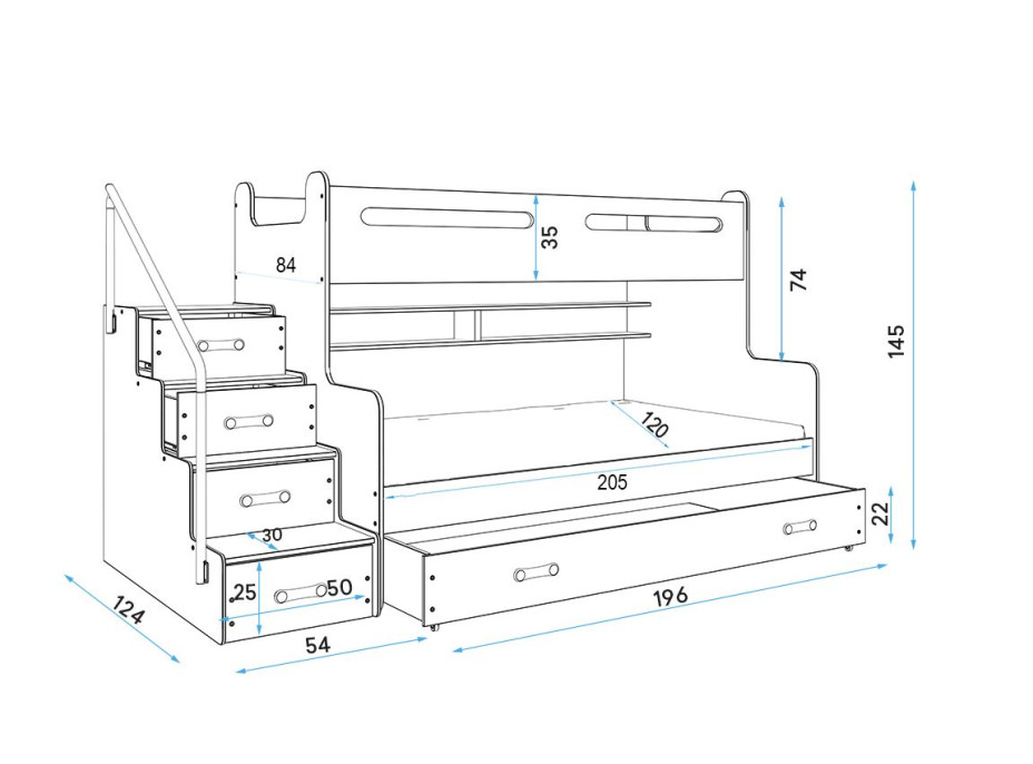 Detská poschodová posteľ s rozšíreným spodným lôžkom a prístelkou MAXÍK 3 bielo-zelená - 200x120 cm