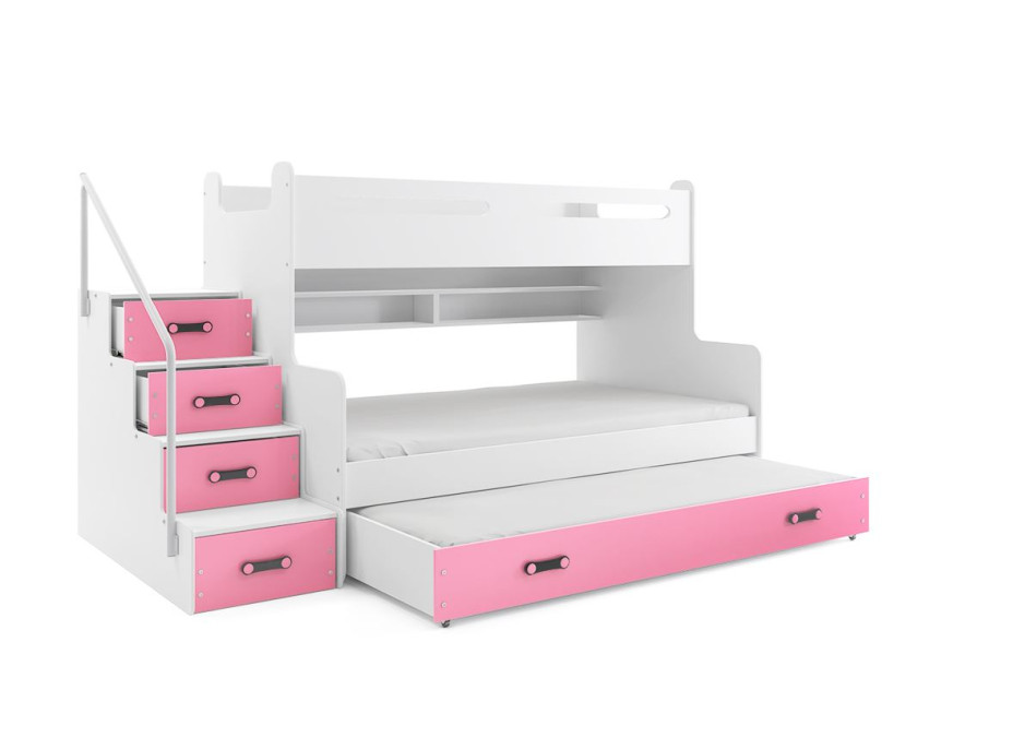 Detská poschodová posteľ s rozšíreným spodným lôžkom a prístelkou MAXÍK 3 bielo-ružová- 200x120 cm