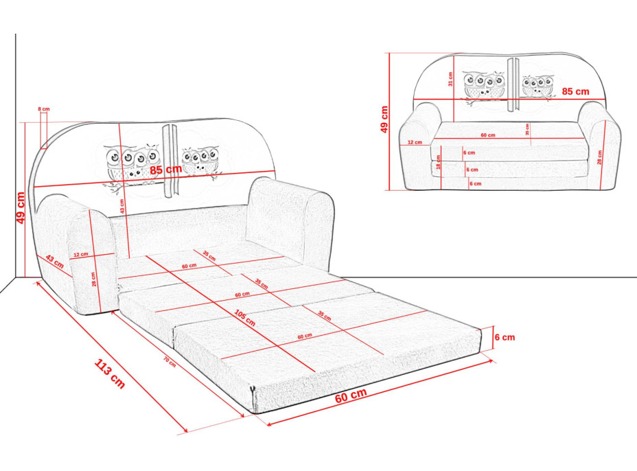 Detská rozkladacia MINI pohovka MYŠKY MINNIE - šedá