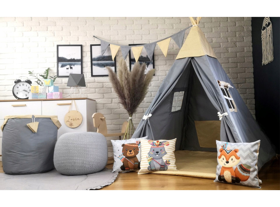 Detský stan TEEPEE (TÍPÍ) BOHO s doplnkami - sivý / béžový