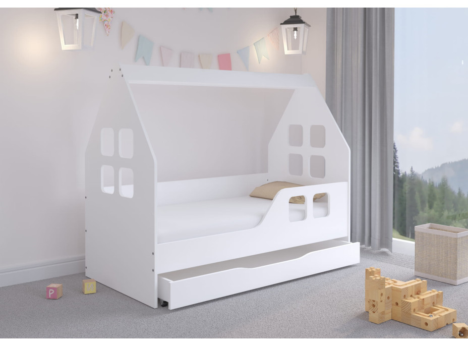 Detská domčeková posteľ KIDHOUSE so zásuvkou - biela - pravá - 140x70 cm