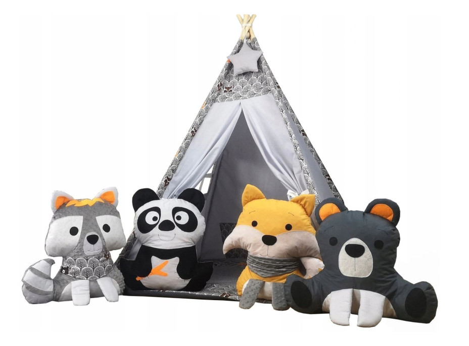 Detský stan TEEPEE (TÍPÍ) LUXURY s doplnkami - ZVIERACIA PARTIČKA - sivý