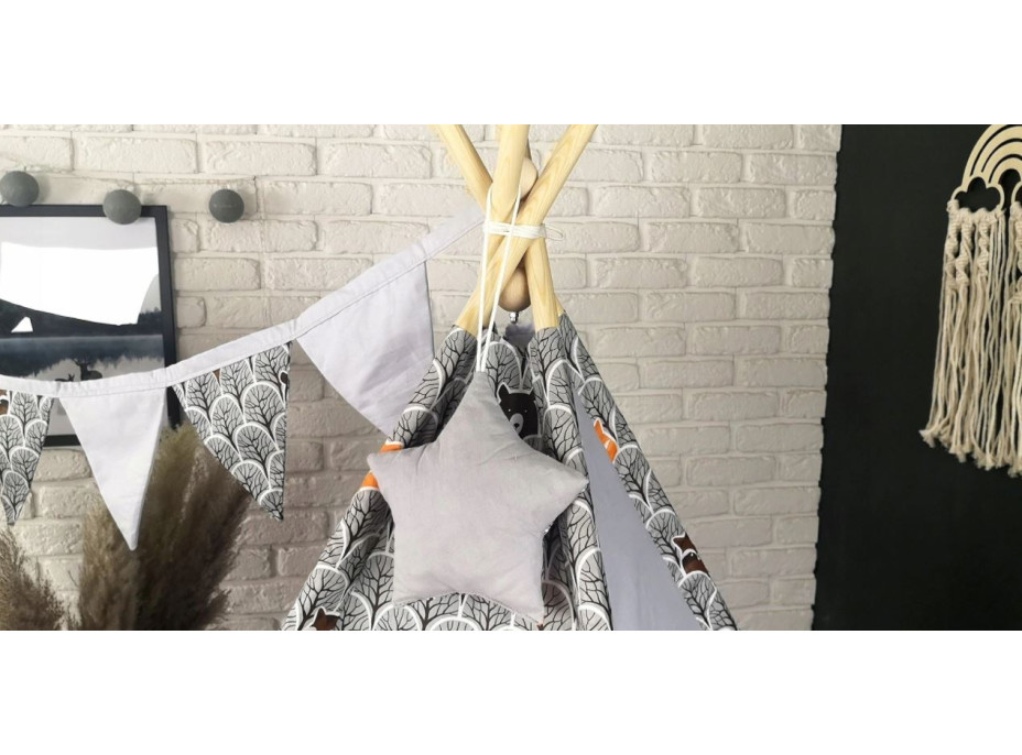 Detský stan TEEPEE (TÍPÍ) LUXURY s doplnkami - ZVIERACIA PARTIČKA - sivý