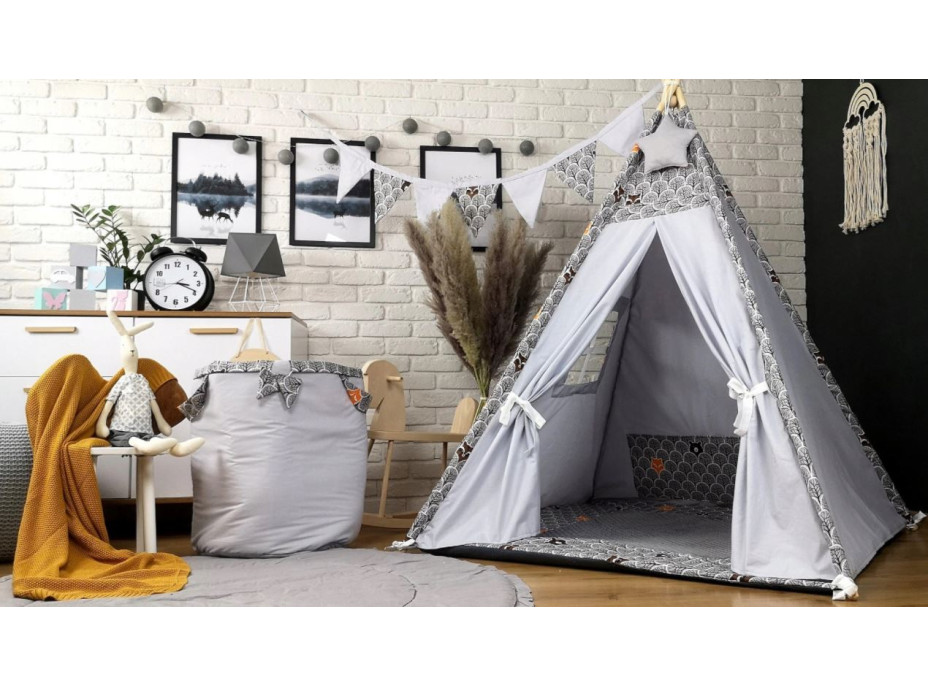 Detský stan TEEPEE (TÍPÍ) LUXURY s doplnkami - ZVIERACIA PARTIČKA - sivý